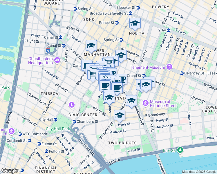 map of restaurants, bars, coffee shops, grocery stores, and more near 89 Mulberry Street in New York