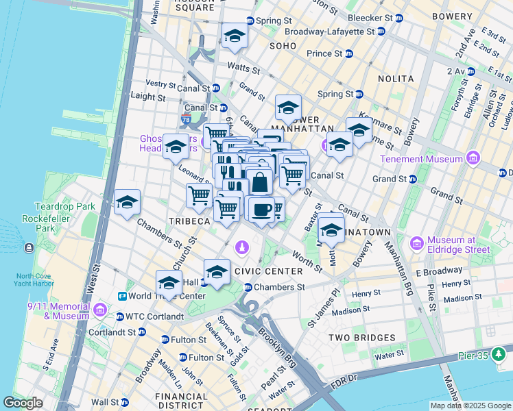 map of restaurants, bars, coffee shops, grocery stores, and more near 51-53 White Street in New York