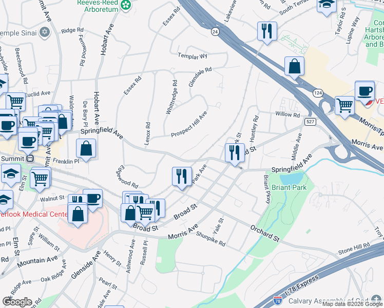 map of restaurants, bars, coffee shops, grocery stores, and more near 14 Argyle Court in Summit