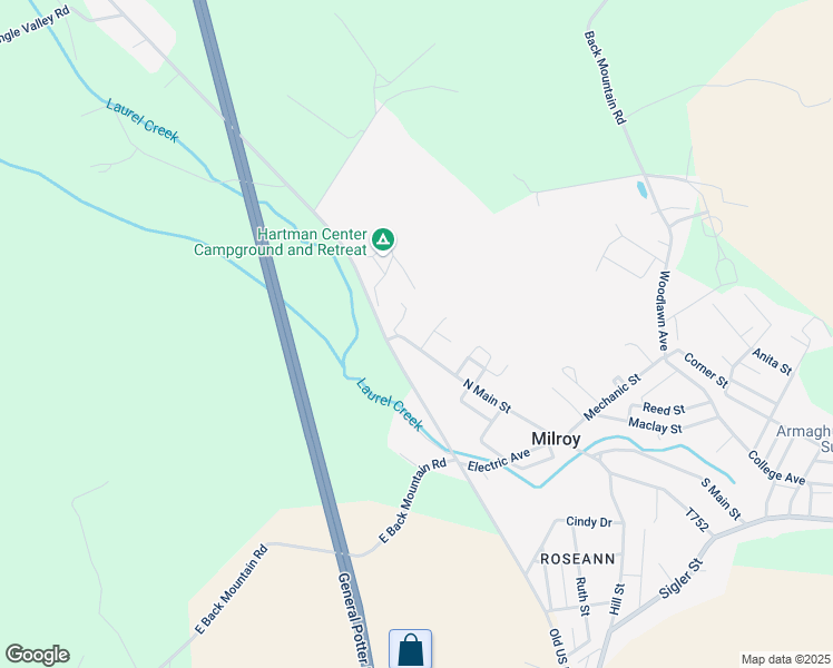 map of restaurants, bars, coffee shops, grocery stores, and more near 33 North Main Street in Milroy
