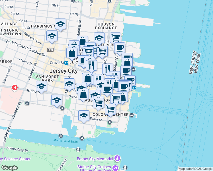 map of restaurants, bars, coffee shops, grocery stores, and more near 72 Montgomery Street in Jersey City