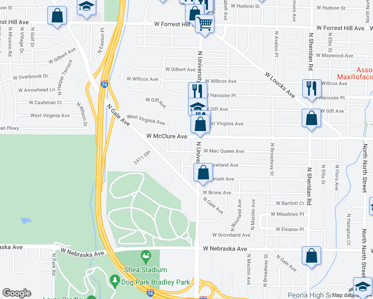 map of restaurants, bars, coffee shops, grocery stores, and more near 2400 North Elmwood Avenue in Peoria