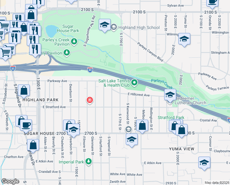 map of restaurants, bars, coffee shops, grocery stores, and more near 1664 East Hillcrest Avenue in Salt Lake City
