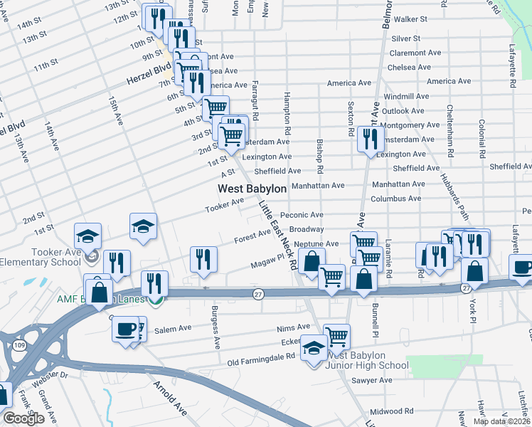 map of restaurants, bars, coffee shops, grocery stores, and more near 870 Little East Neck Road in West Babylon