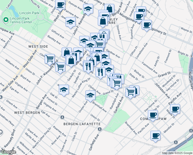 map of restaurants, bars, coffee shops, grocery stores, and more near 52 Harrison Avenue in Jersey City
