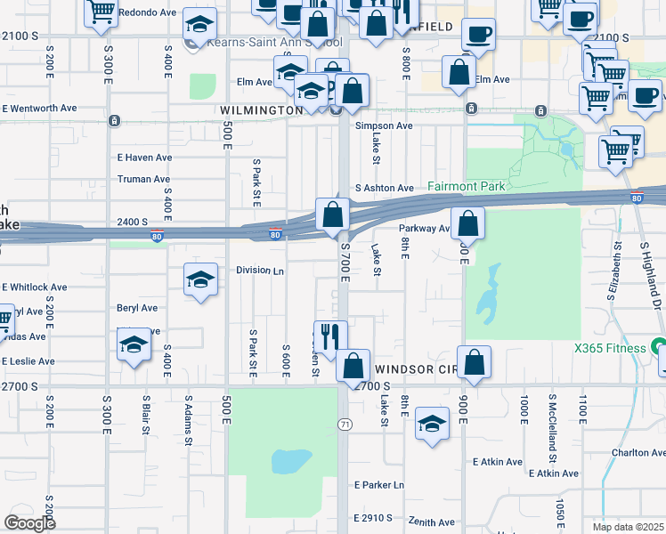 map of restaurants, bars, coffee shops, grocery stores, and more near 672 Warnock Avenue in Salt Lake City