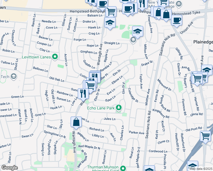 map of restaurants, bars, coffee shops, grocery stores, and more near 29 Elbow Lane in Levittown