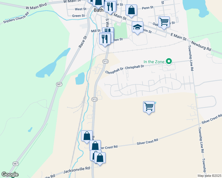 map of restaurants, bars, coffee shops, grocery stores, and more near 158 Bentwood Circle in Bath