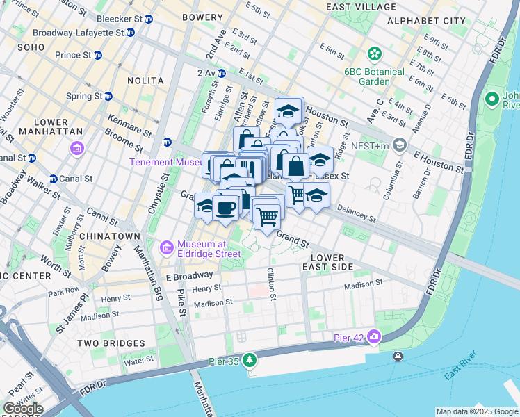 map of restaurants, bars, coffee shops, grocery stores, and more near 60 Norfolk Street in New York