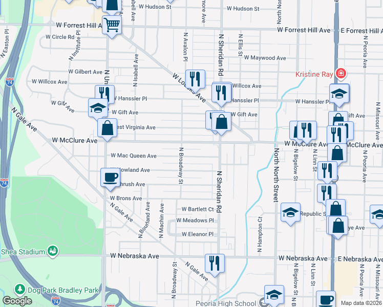 map of restaurants, bars, coffee shops, grocery stores, and more near 815 West Mac Queen Avenue in Peoria