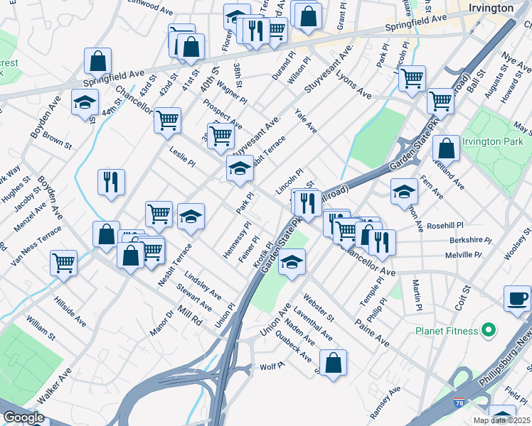 map of restaurants, bars, coffee shops, grocery stores, and more near 280 Park Place in Irvington