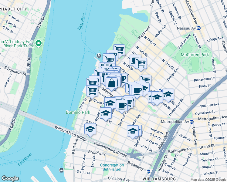 map of restaurants, bars, coffee shops, grocery stores, and more near 225 Wythe Avenue in Brooklyn