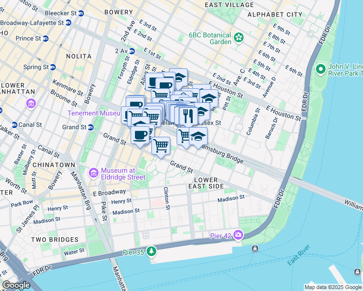 map of restaurants, bars, coffee shops, grocery stores, and more near 178 Broome Street in New York