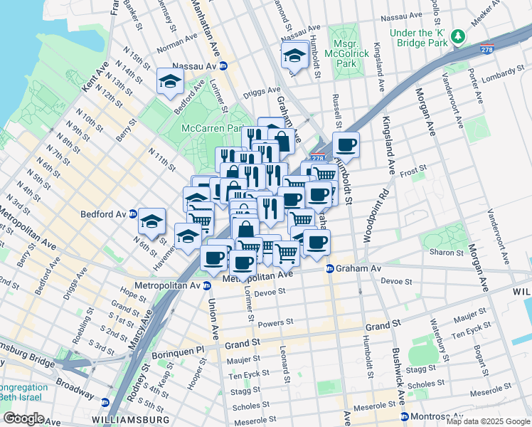 map of restaurants, bars, coffee shops, grocery stores, and more near Leonard Street in Brooklyn