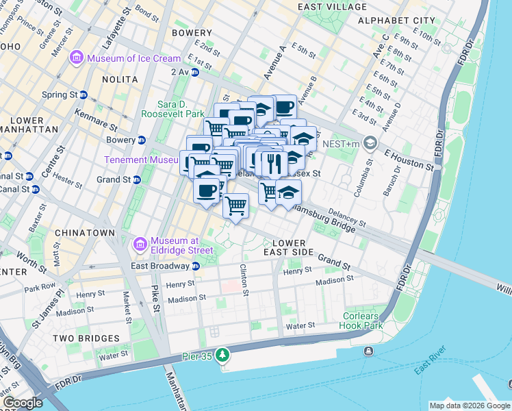 map of restaurants, bars, coffee shops, grocery stores, and more near 180 Broome Street in New York