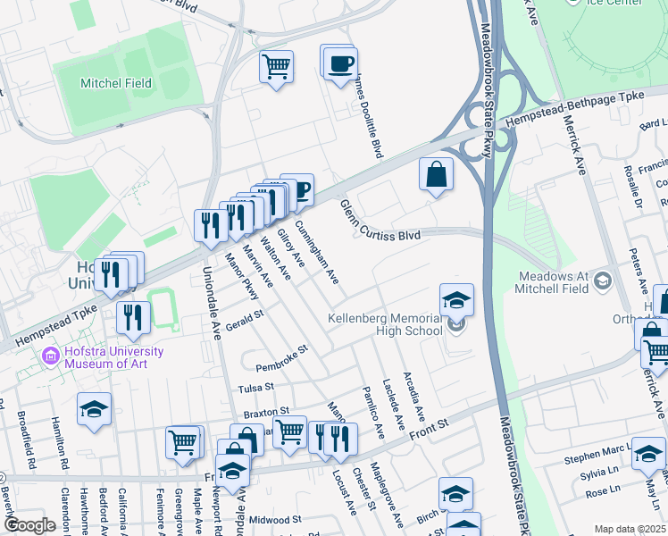 map of restaurants, bars, coffee shops, grocery stores, and more near 97 Cunningham Avenue in Uniondale