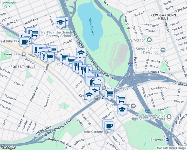 map of restaurants, bars, coffee shops, grocery stores, and more near 76-30 Grand Central Parkway in Queens