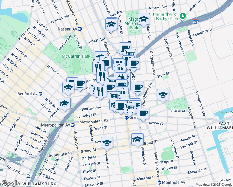 map of restaurants, bars, coffee shops, grocery stores, and more near 159 Withers Street in Brooklyn