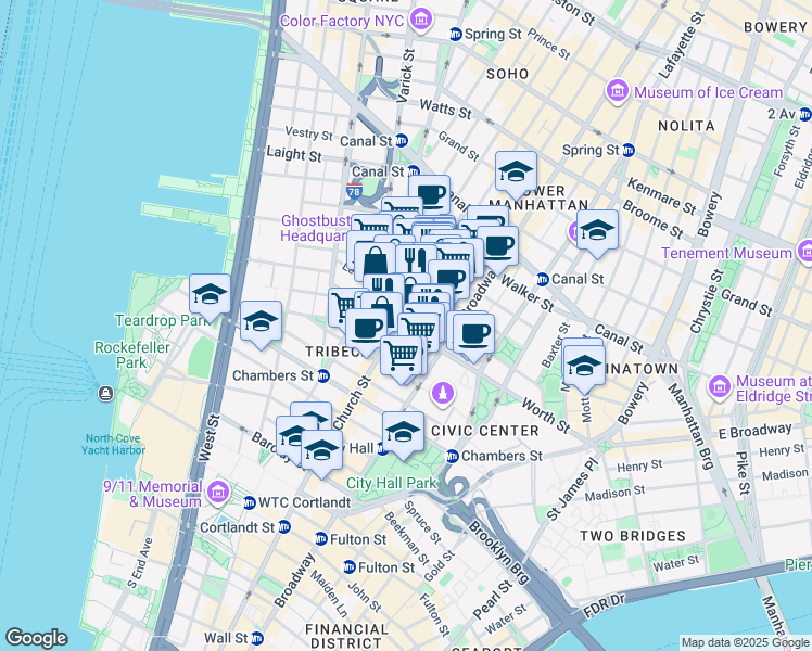 map of restaurants, bars, coffee shops, grocery stores, and more near 199 Church Street in New York