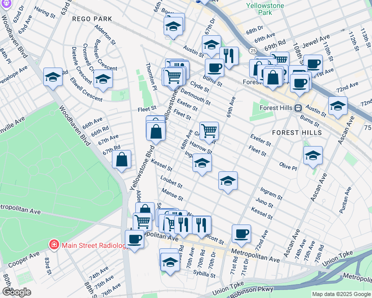 map of restaurants, bars, coffee shops, grocery stores, and more near 9502 68th Avenue in Queens