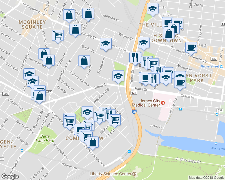map of restaurants, bars, coffee shops, grocery stores, and more near 511 Grand Street in Jersey City