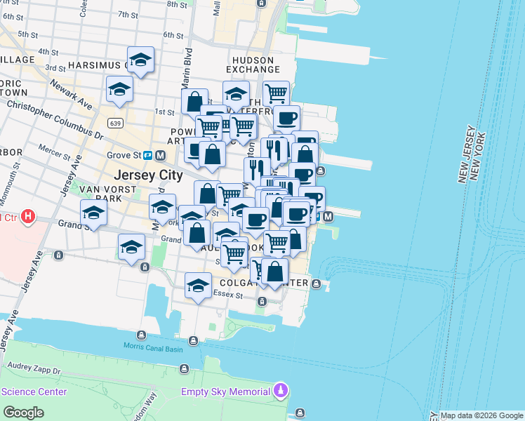 map of restaurants, bars, coffee shops, grocery stores, and more near 4a Christopher Columbus Drive in Jersey City