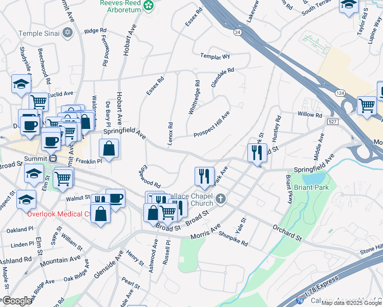 map of restaurants, bars, coffee shops, grocery stores, and more near 181 Springfield Avenue in Summit