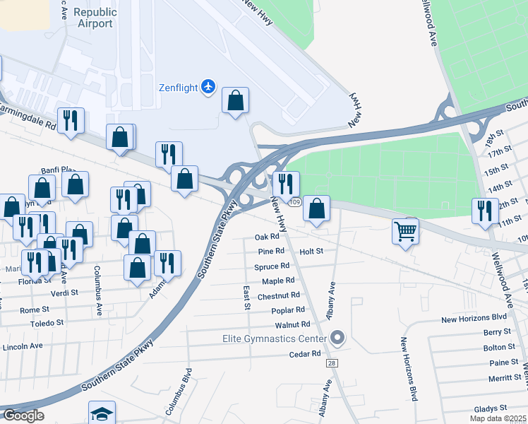 map of restaurants, bars, coffee shops, grocery stores, and more near 380 New Highway in Amityville