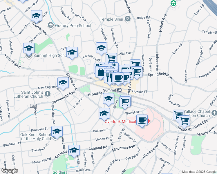 map of restaurants, bars, coffee shops, grocery stores, and more near 410 Springfield Avenue in Summit