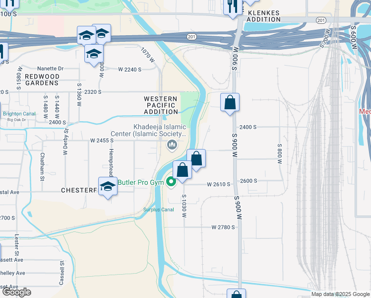 map of restaurants, bars, coffee shops, grocery stores, and more near Jordan River Parkway Trail in Salt Lake City