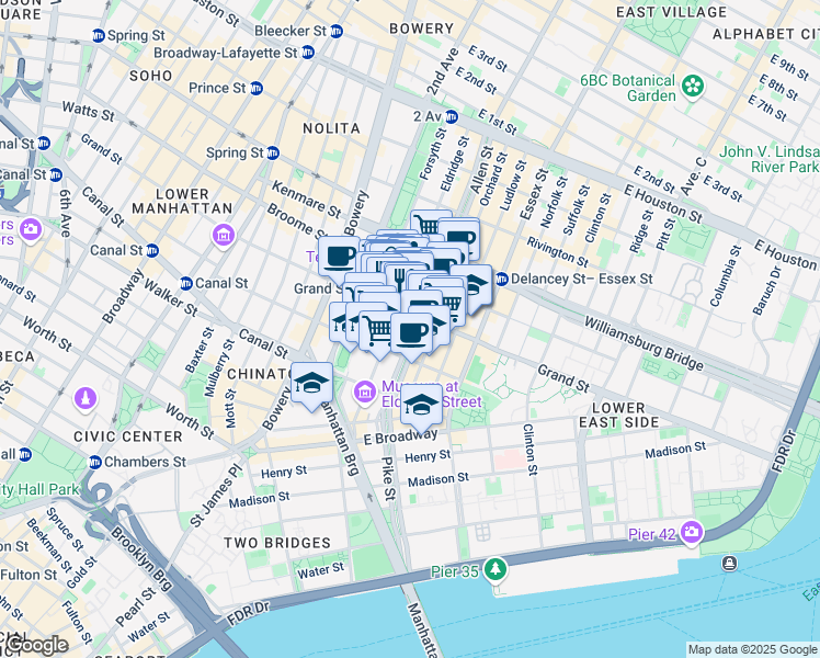map of restaurants, bars, coffee shops, grocery stores, and more near 59 Allen Street in New York