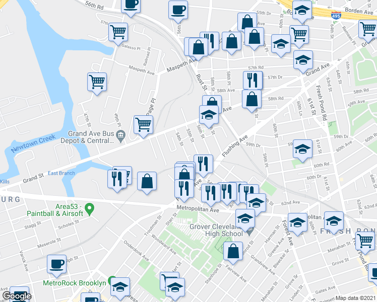 map of restaurants, bars, coffee shops, grocery stores, and more near 59-01 54th Street in Queens