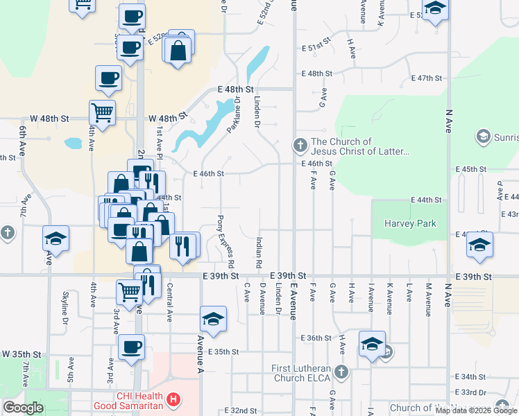 map of restaurants, bars, coffee shops, grocery stores, and more near 4399 Indian Road in Kearney