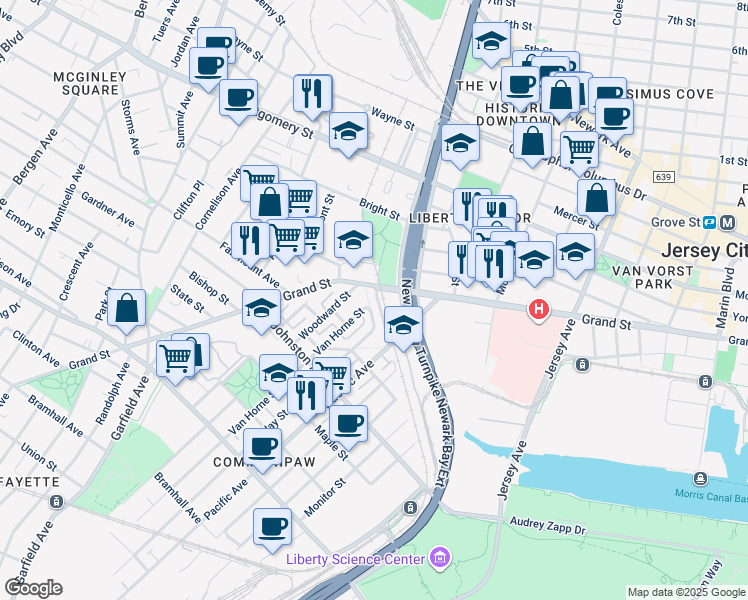 map of restaurants, bars, coffee shops, grocery stores, and more near 511 Grand Street in Jersey City