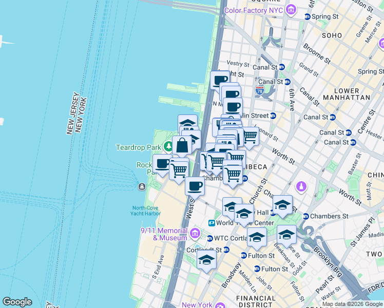 map of restaurants, bars, coffee shops, grocery stores, and more near 450 North End Avenue in New York