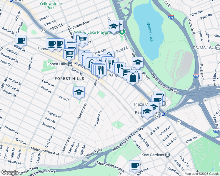 map of restaurants, bars, coffee shops, grocery stores, and more near 76-44 Austin Street in Queens
