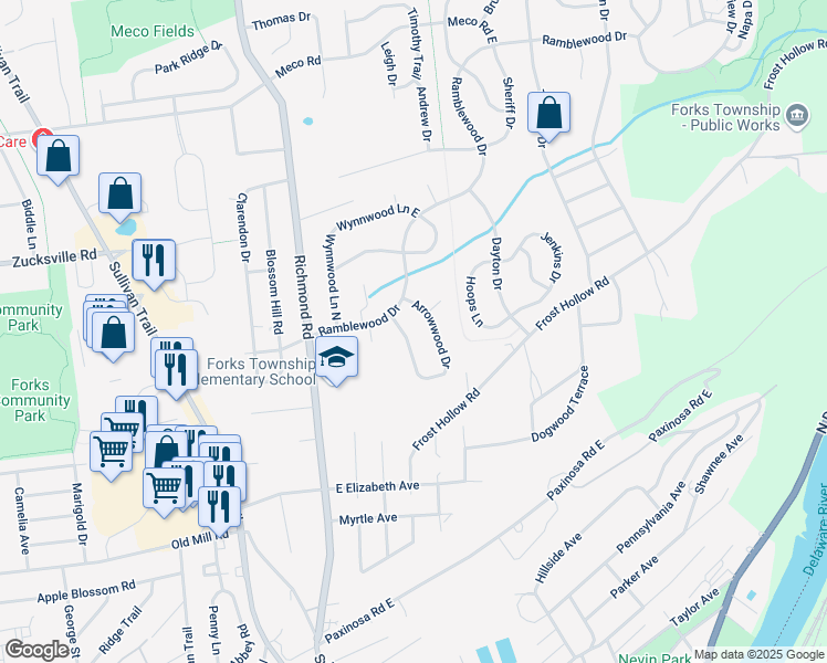 map of restaurants, bars, coffee shops, grocery stores, and more near 1615 Arrowwood Drive in Easton