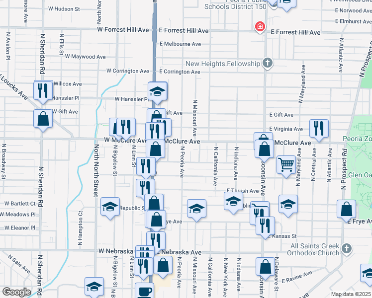 map of restaurants, bars, coffee shops, grocery stores, and more near 308 East McClure Avenue in Peoria