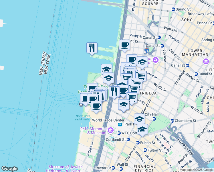 map of restaurants, bars, coffee shops, grocery stores, and more near 450 North End Avenue in New York