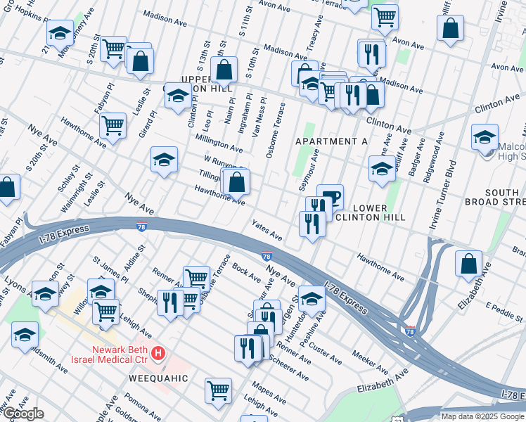 map of restaurants, bars, coffee shops, grocery stores, and more near Hawthorne Avenue in Essex County
