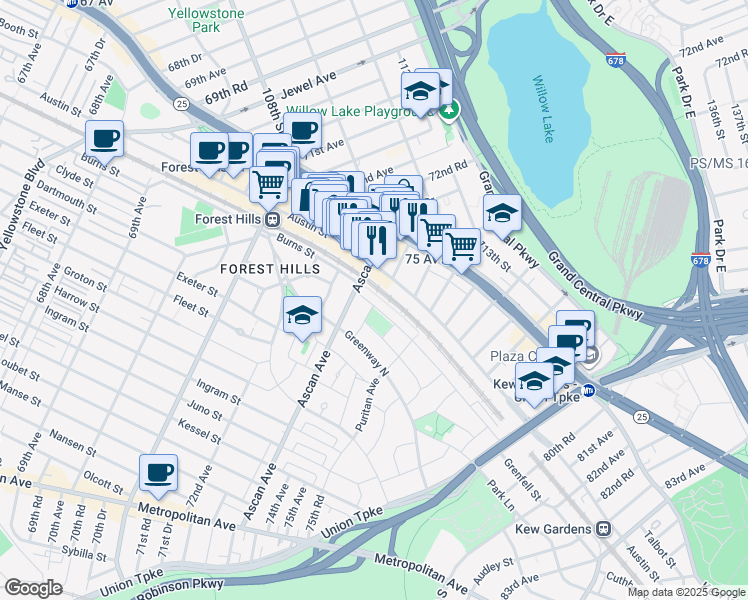 map of restaurants, bars, coffee shops, grocery stores, and more near 160 Burns Street in Queens