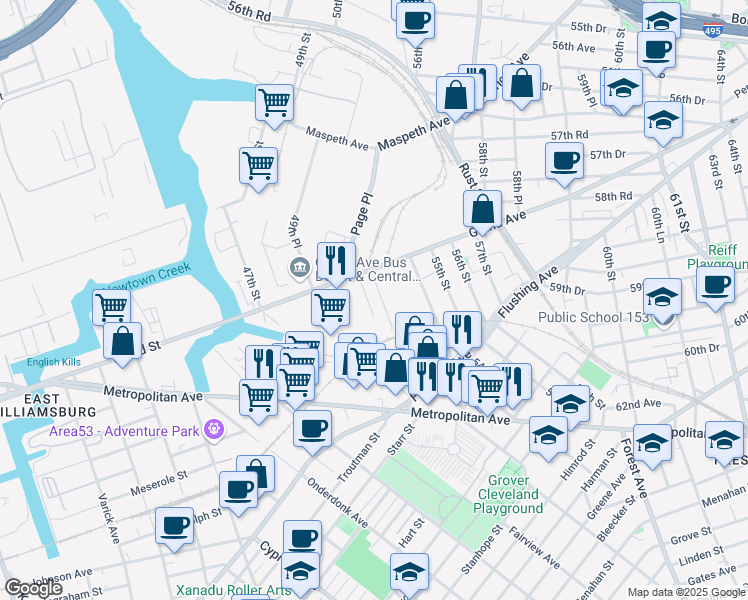 map of restaurants, bars, coffee shops, grocery stores, and more near 51-18 Grand Avenue in Queens