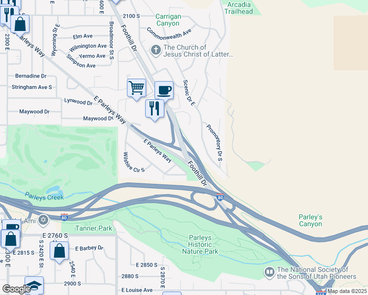 map of restaurants, bars, coffee shops, grocery stores, and more near 2408 Scenic Drive East in Salt Lake City