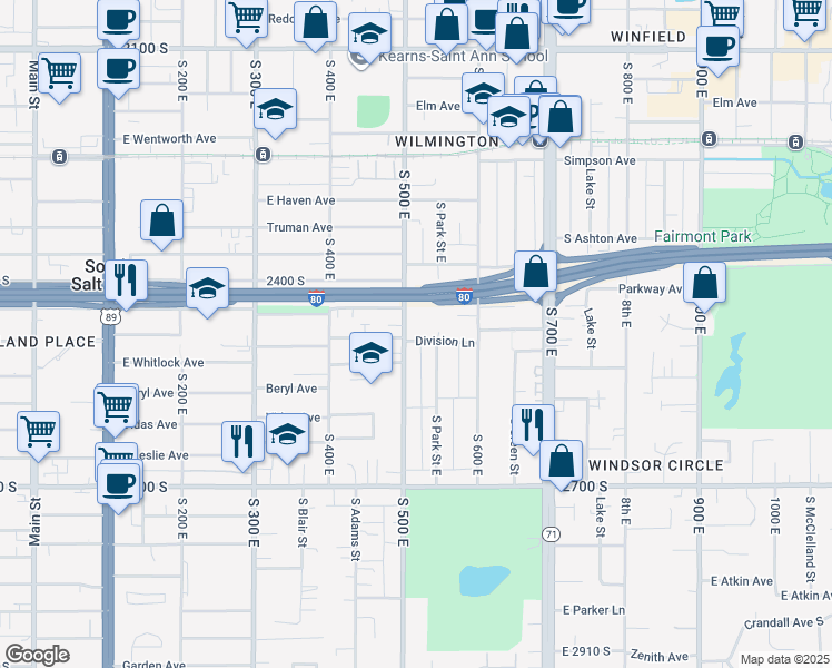 map of restaurants, bars, coffee shops, grocery stores, and more near 529 Division Lane in Salt Lake City