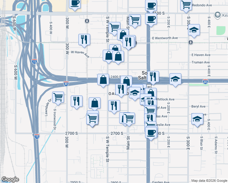 map of restaurants, bars, coffee shops, grocery stores, and more near 43 West Robert Avenue in South Salt Lake