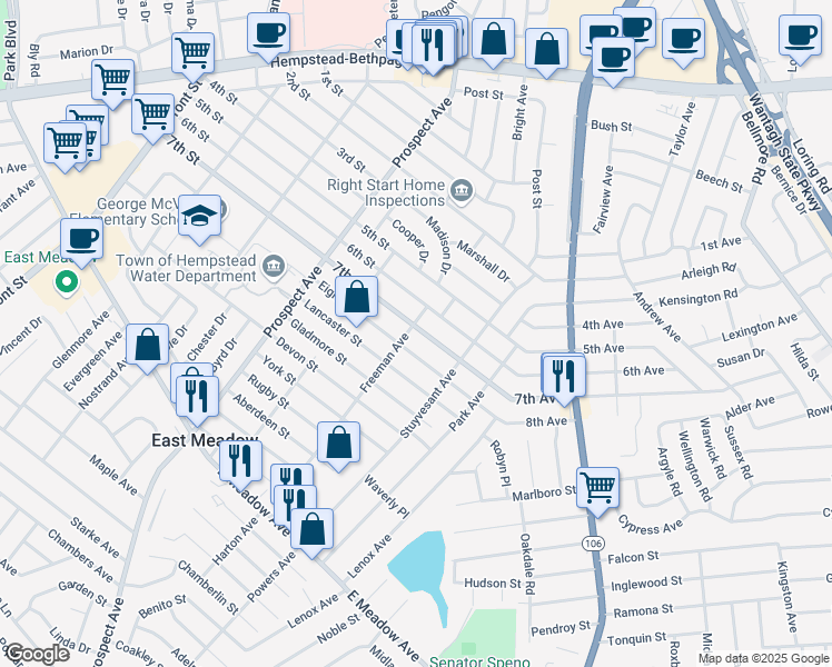 map of restaurants, bars, coffee shops, grocery stores, and more near 2441 7th Street in East Meadow