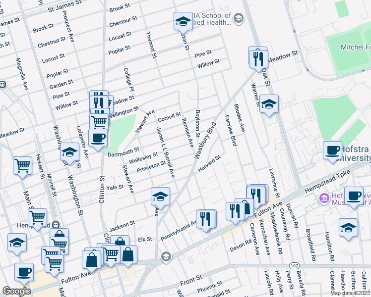map of restaurants, bars, coffee shops, grocery stores, and more near 209 Wellesley Street in Hempstead