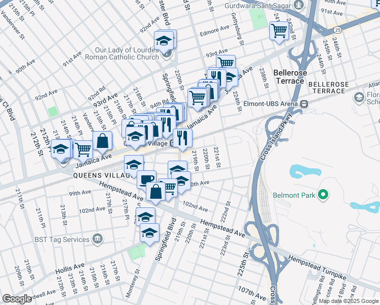 map of restaurants, bars, coffee shops, grocery stores, and more near 21915 97th Avenue in Queens