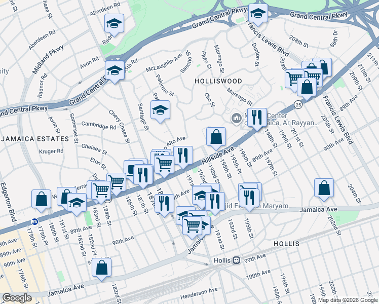 map of restaurants, bars, coffee shops, grocery stores, and more near 87-37 Palermo Street in Queens