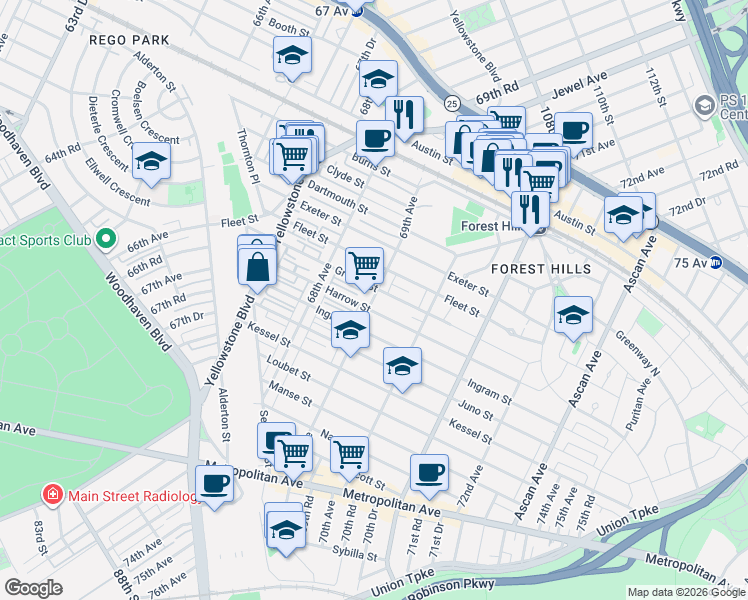 map of restaurants, bars, coffee shops, grocery stores, and more near 68-50 Groton Street in Queens